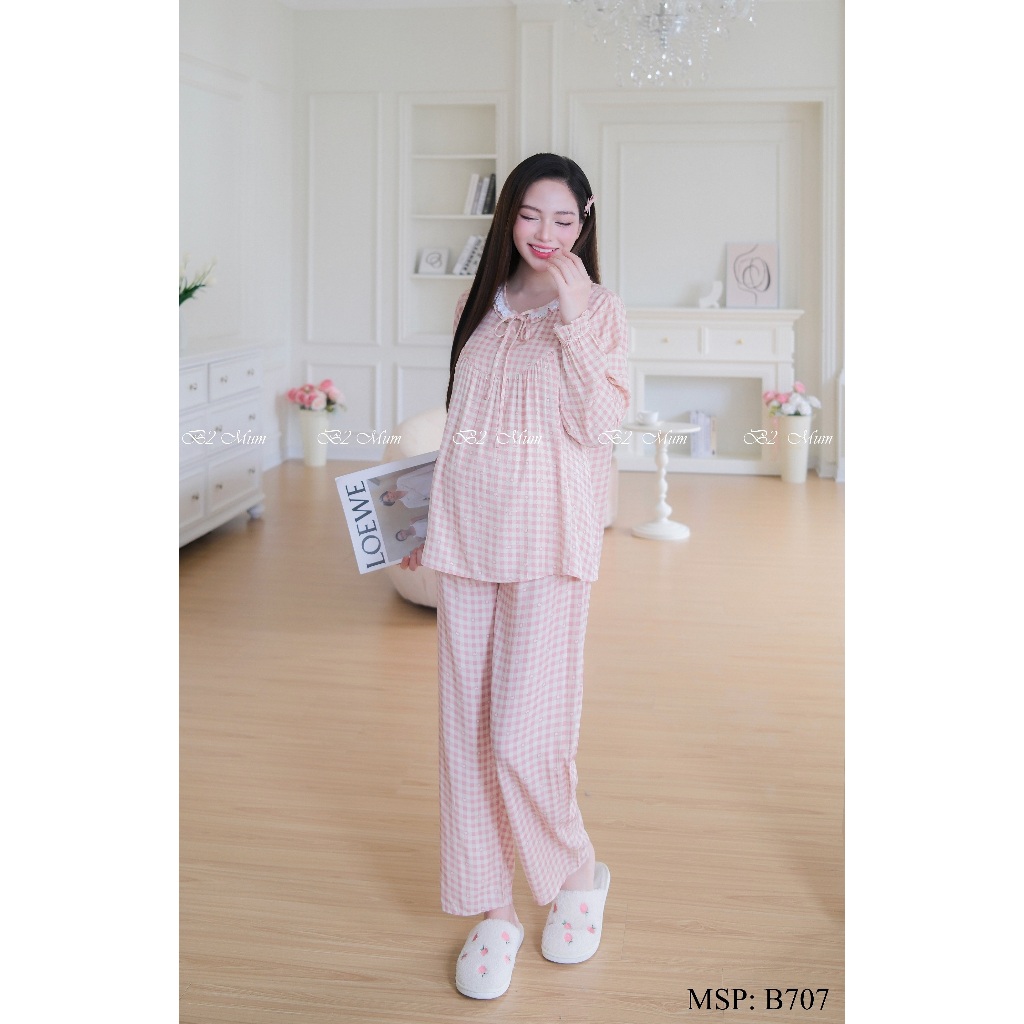 Bộ bầu mặc nhà và sau sinh Đũi cao cấp mềm nhẹ mát Áo có khóa dọc bé ti và quần chun chỉnh bụng - B707 B2MUM