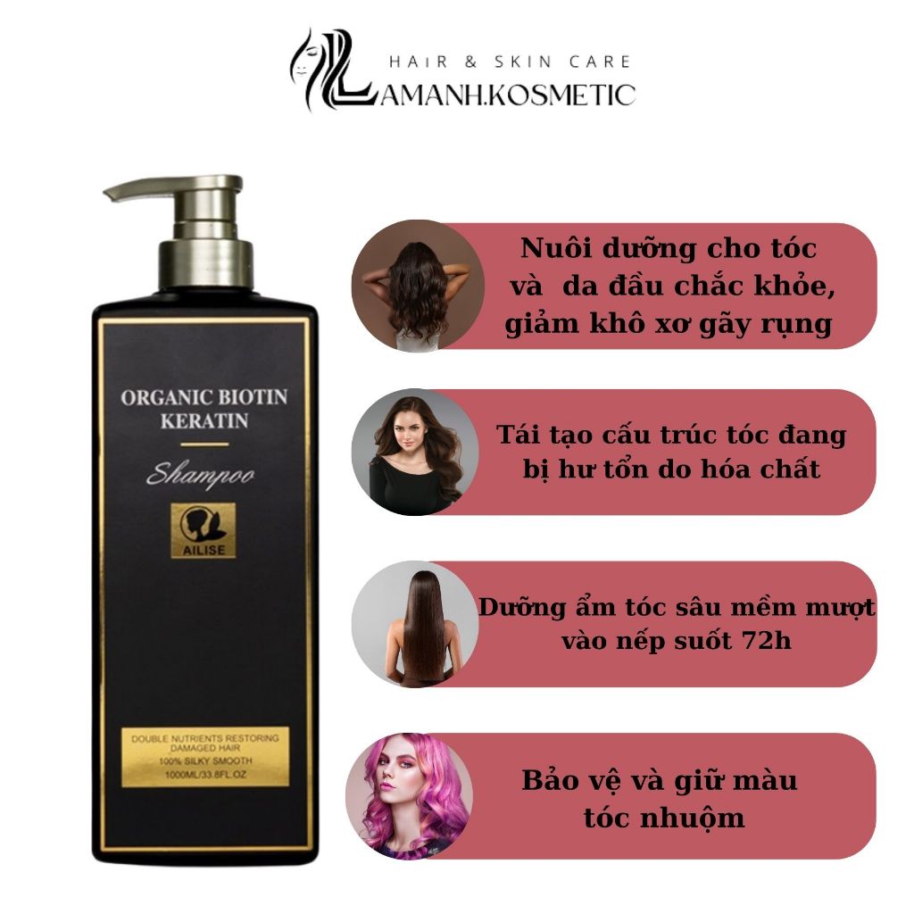 Cặp Dầu Gội Xả Ailise Organic Biotin Keratin 1000ml | Dưỡng Tóc Mềm Mượt, Hỗ Trợ Giảm Gãy Rụng.