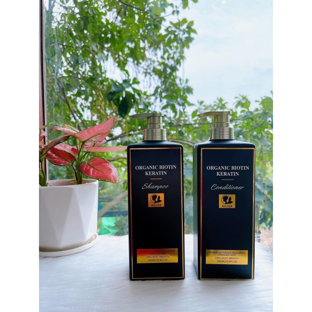 Cặp Dầu Gội Xả Ailise Organic Biotin Keratin 1000ml | Dưỡng Tóc Mềm Mượt, Hỗ Trợ Giảm Gãy Rụng.