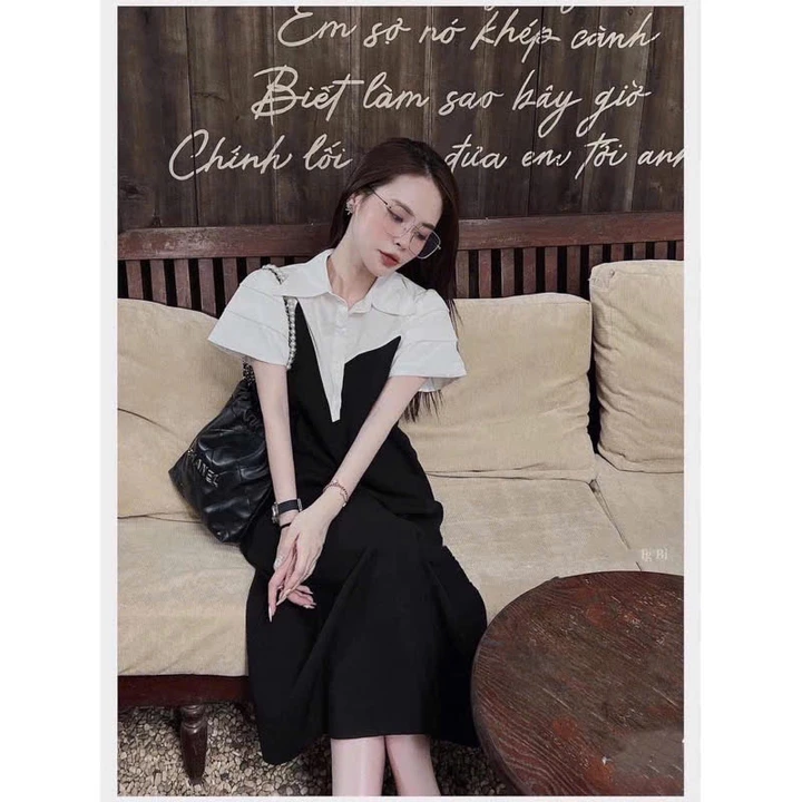 Đầm sơ mi phối thân sang chảnh form rộng dáng dài, váy bầu công sở phối sơ mi trắng thanh lịch