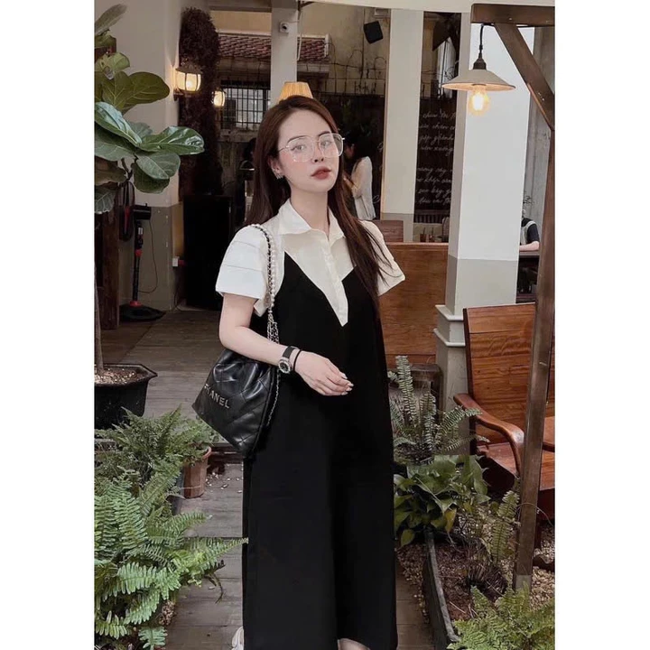 Đầm sơ mi phối thân sang chảnh form rộng dáng dài, váy bầu công sở phối sơ mi trắng thanh lịch