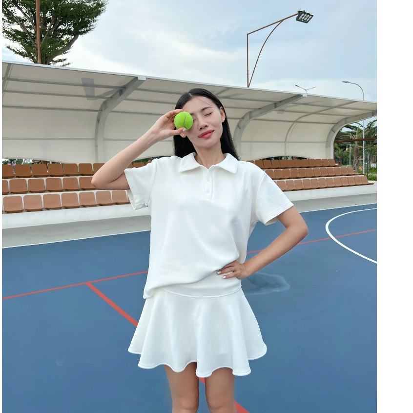 Set áo polo basic cotton form rộng,chân váy xếp ly tennis năng động ...