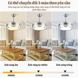 【COD】Quạt trần phòng khách 6 tốc độ gió quạt không 4 cánh có đèn led