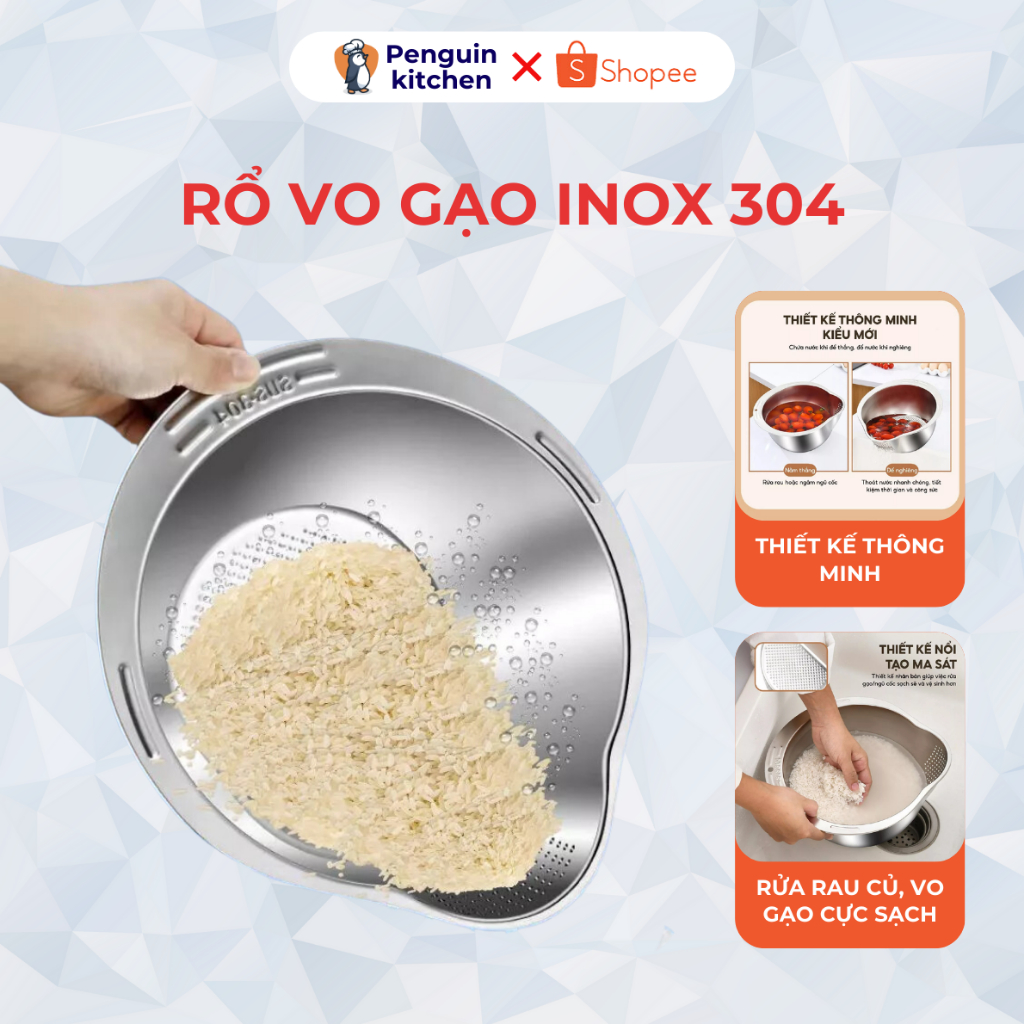 Rổ vo gạo inox 304 không gỉ, Rổ rửa rau vo gạo thông minh 2 trong 1 ...