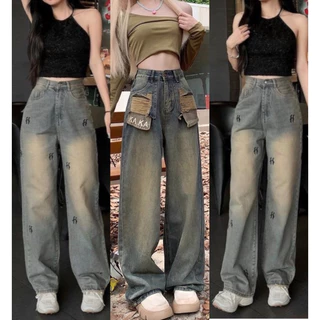 Quần jean bò ống rộng suông xuông nữ jeans cạp cao phong cách style ms10