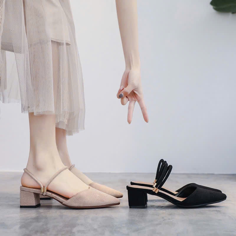 Giày Sục Cao Gót Nữ 5cm Bít Mũi Da Nhung Dây Mảnh Tròn 2 Kiểu Mang - BM128