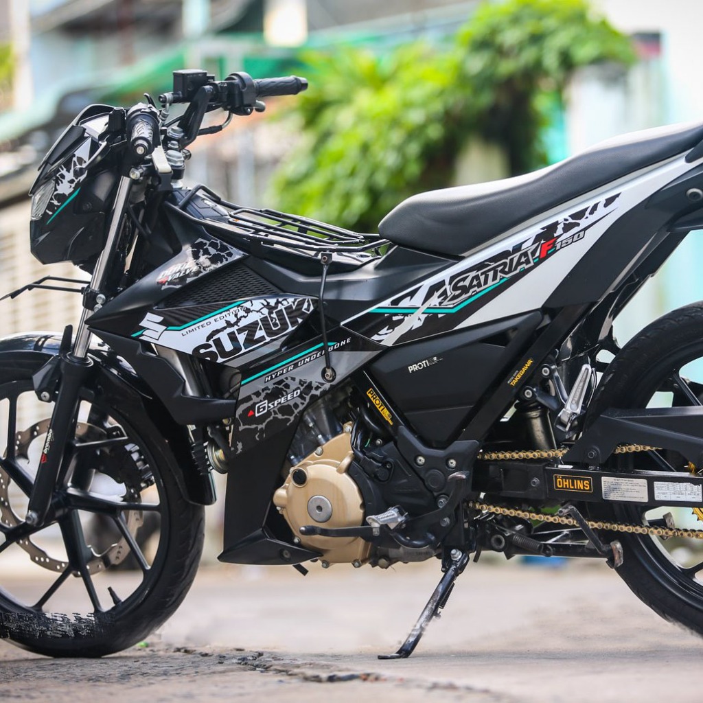 Tem rời dán xe Raider FI. Dán xe đen trắng, chữ Satria F150, sọc xanh ngọc