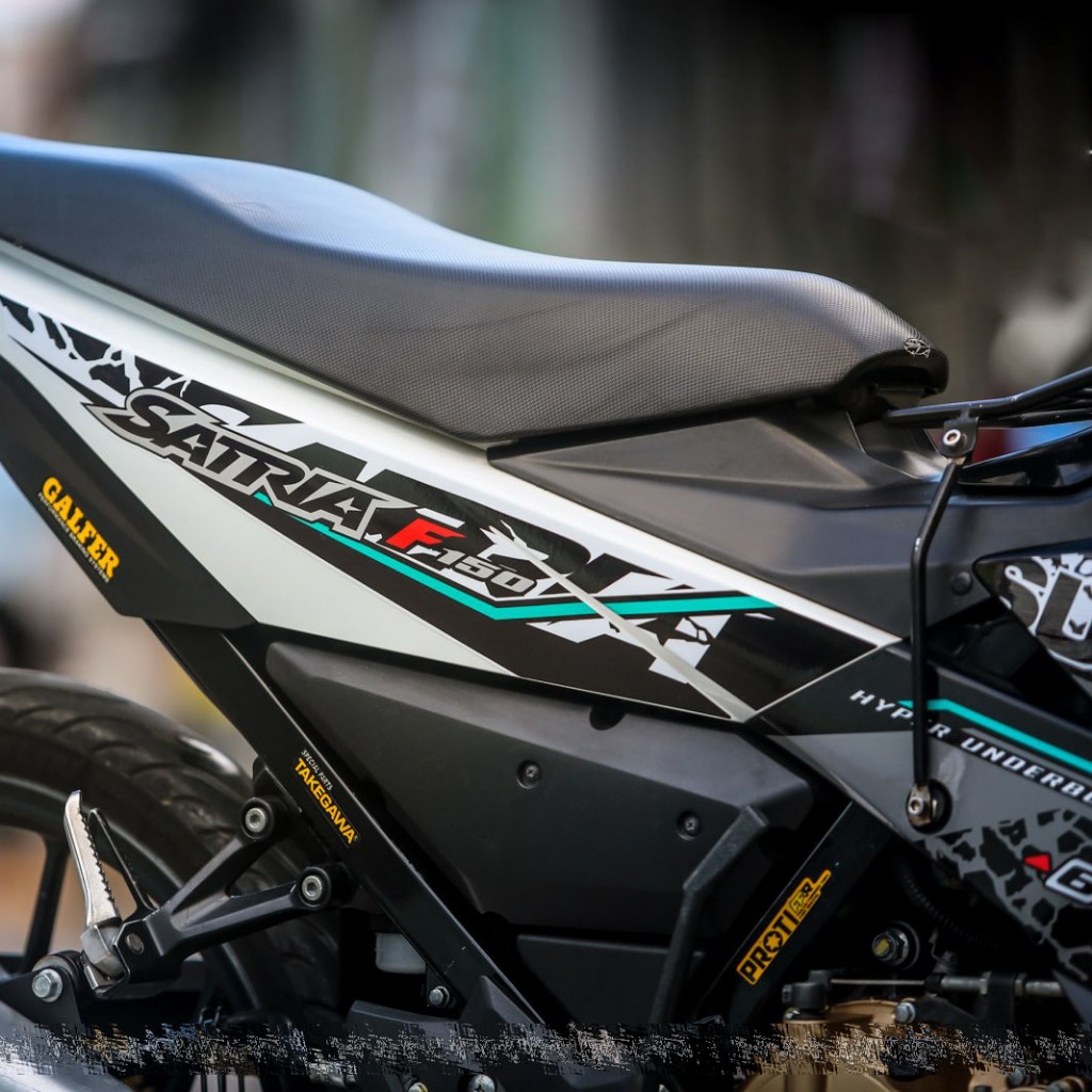 Tem rời dán xe Raider FI. Dán xe đen trắng, chữ Satria F150, sọc xanh ngọc