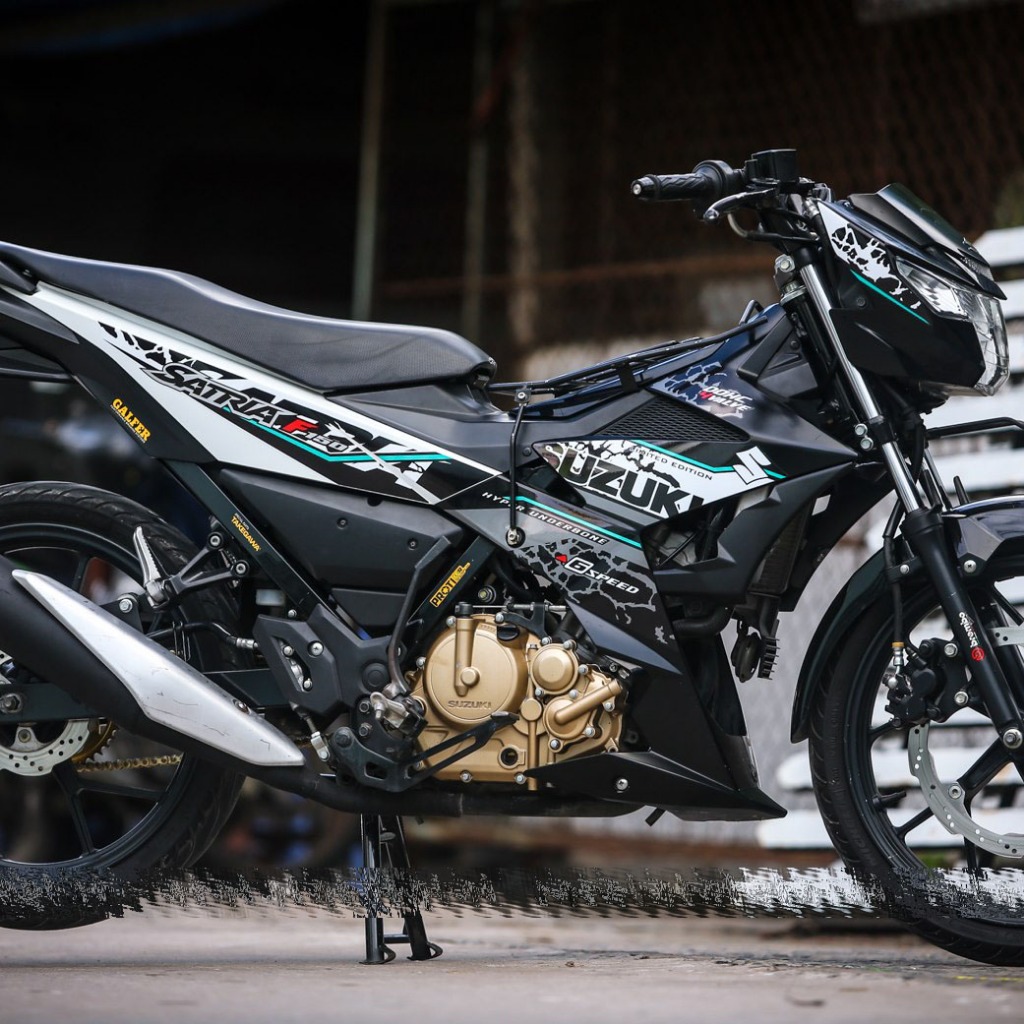 Tem rời dán xe Raider FI. Dán xe đen trắng, chữ Satria F150, sọc xanh ngọc