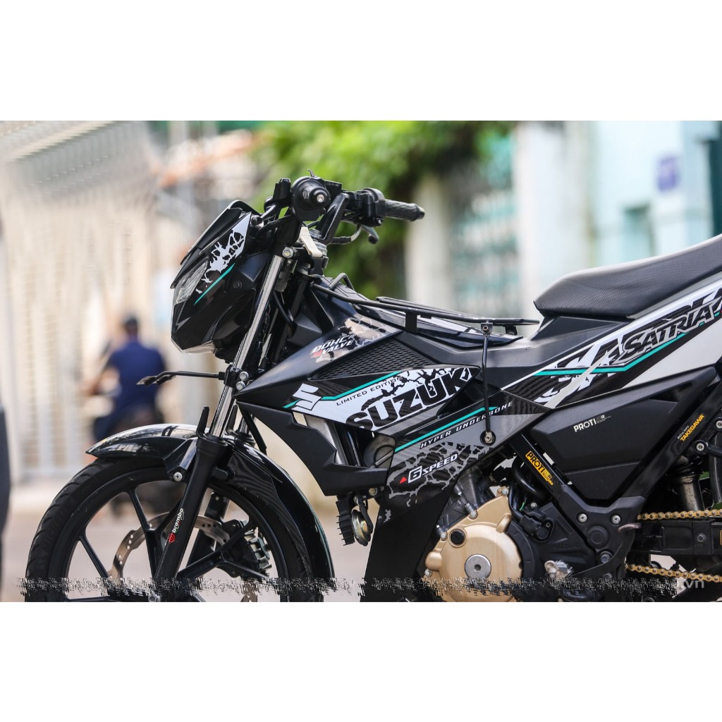 Tem rời dán xe Raider FI. Dán xe đen trắng, chữ Satria F150, sọc xanh ngọc