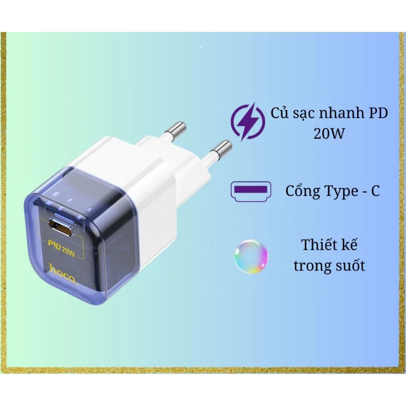 Củ Sạc Nhanh Hoco C125A chân tròn 1 cổng Type-C hỗ trợ QC3.0 thiết kế nhỏ gọn.