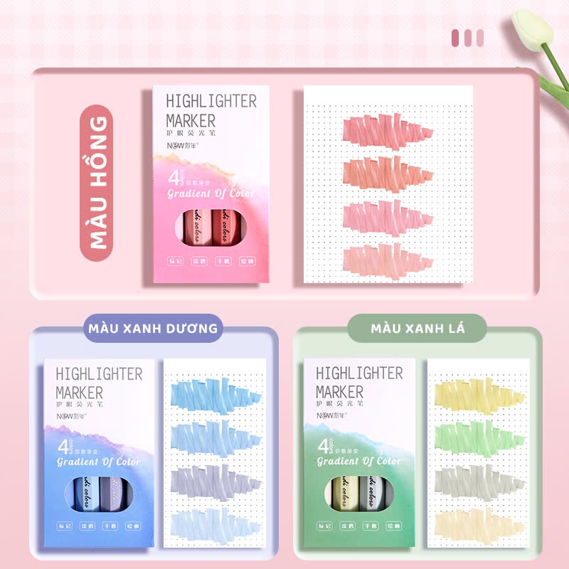 Bút Highlight Gradient Màu Pastel Chất Lượng Cao Gồm 4Bút Đánh Dấu Đa Chức Năng Văn Phòng Phẩm