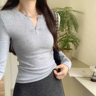 Áo Kiểu Thun Tay Dài Cổ Trụ Trơn Basic Dáng Dài Ôm Body, Áo Thun Nữ Tay Dài Cổ V Kiểu Sexy TD09 Rusy