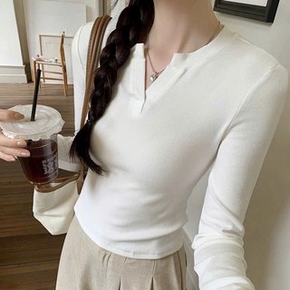 Áo Kiểu Thun Tay Dài Cổ Trụ Trơn Basic Dáng Dài Ôm Body, Áo Thun Nữ Tay Dài Cổ V Kiểu Sexy TD09 Rusy