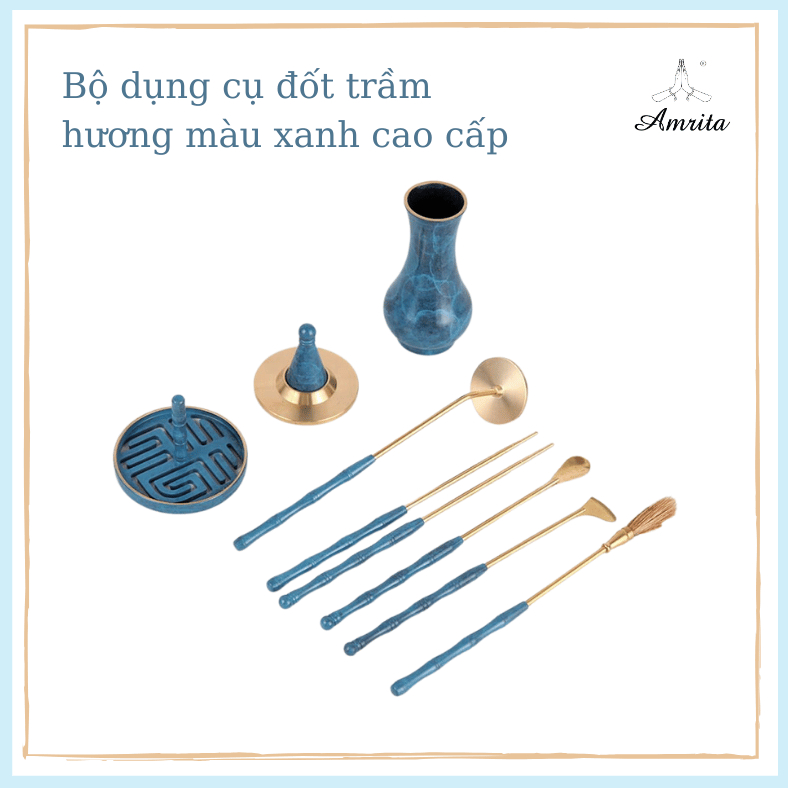 Dụng cụ đốt trầm bằng đồng xanh - Bộ dụng cụ đốt trầm hương, đốt trầm bột cao cấp - Dụng cụ khơi trầm - Amrita