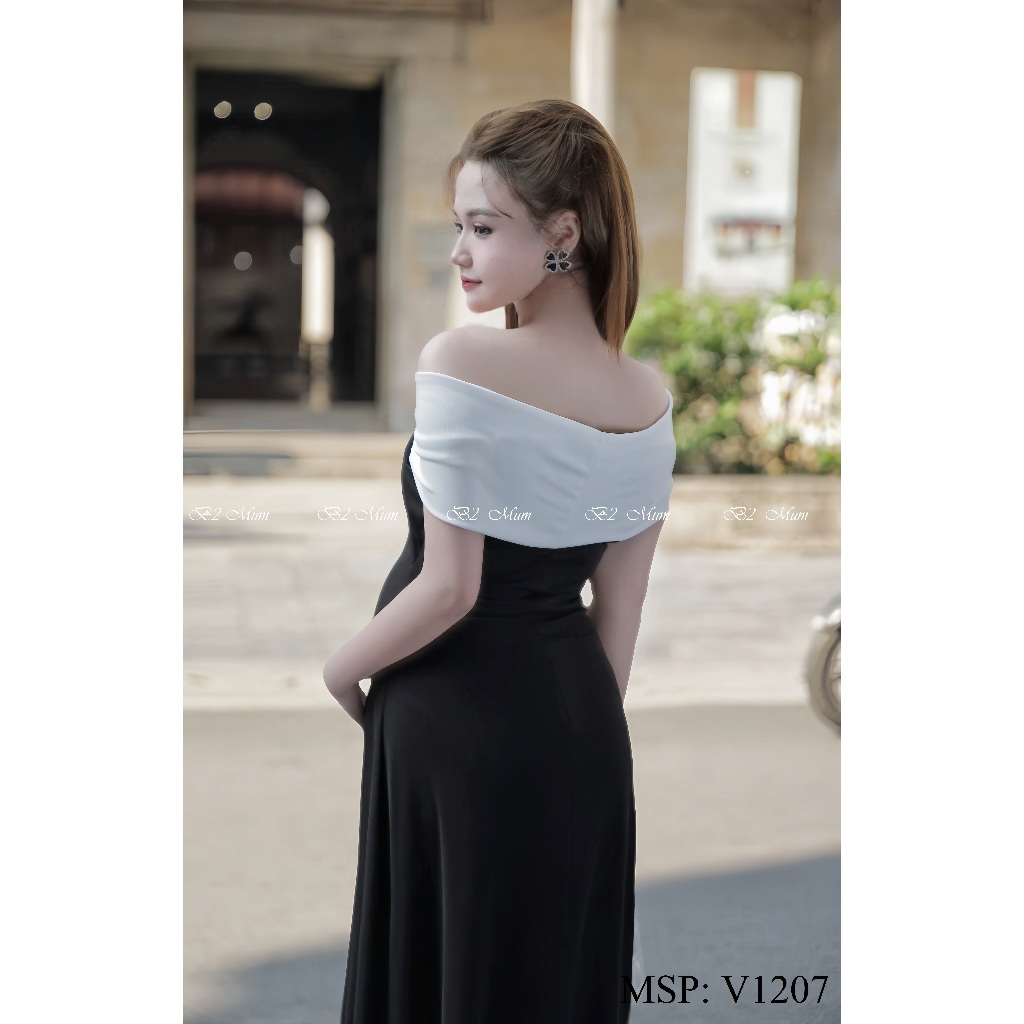 Váy bầu thiết kế váy tiệc trễ vai đen chất tăm hàn mềm, mát thấm hút mồ hôi V1207 B2MUM