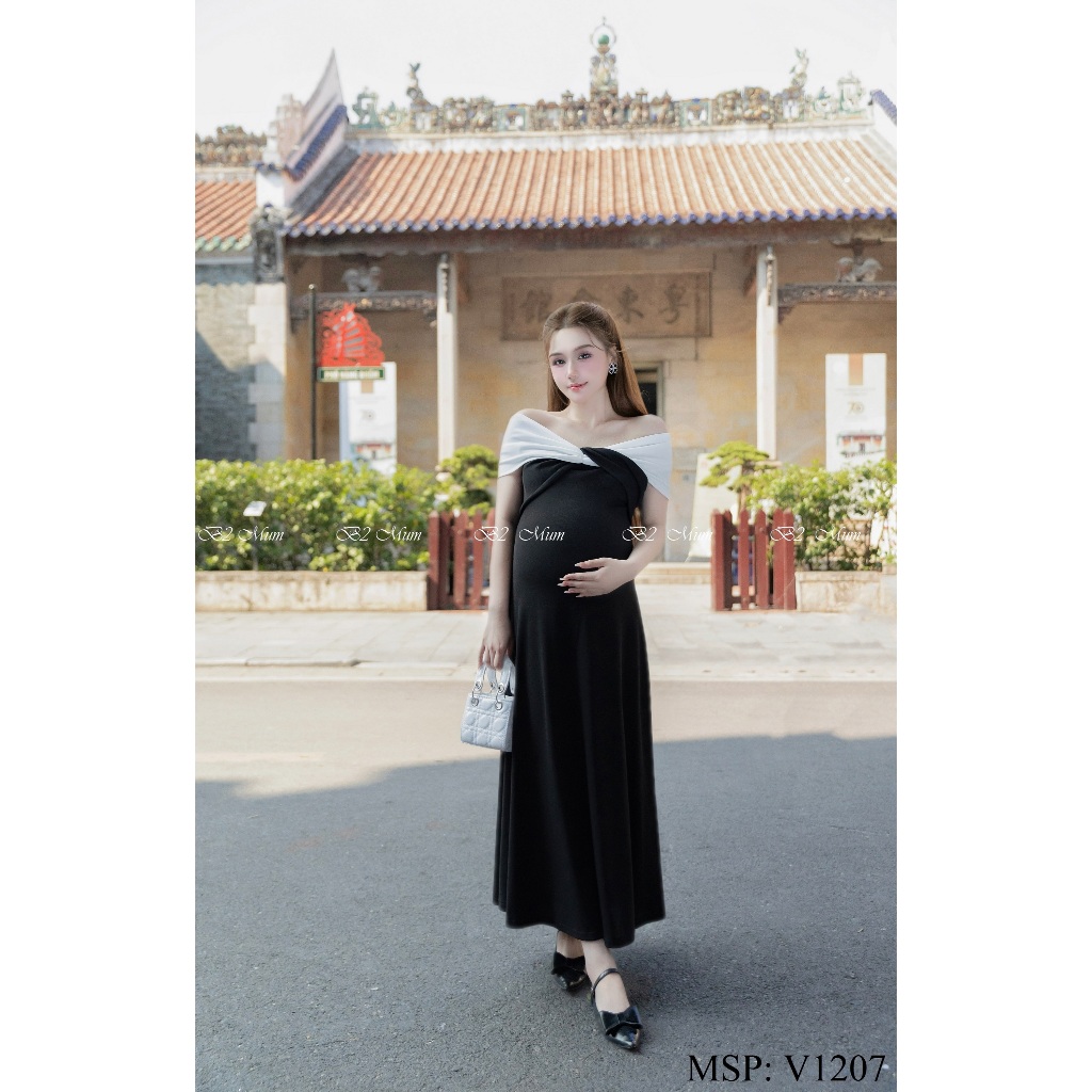 Váy bầu thiết kế váy tiệc trễ vai đen chất tăm hàn mềm, mát thấm hút mồ hôi V1207 B2MUM