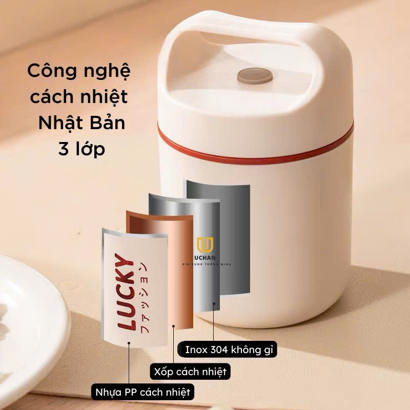 BÌNH Ủ CHÁO, CẠP LỒNG ĐỰNG ĐỒ ĂN - Bình Ủ Cháo Lucky, Đựng Cơm, Canh Giữ Nhiệt Tặng Thìa, Ruột Inox 304 - BINH659