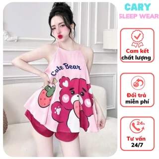 Đồ ngủ sexy 2 dây, bộ ngủ lụa phi, set đồ mặc nhà yếm in họa tiết 3D gợi cảm CARY
