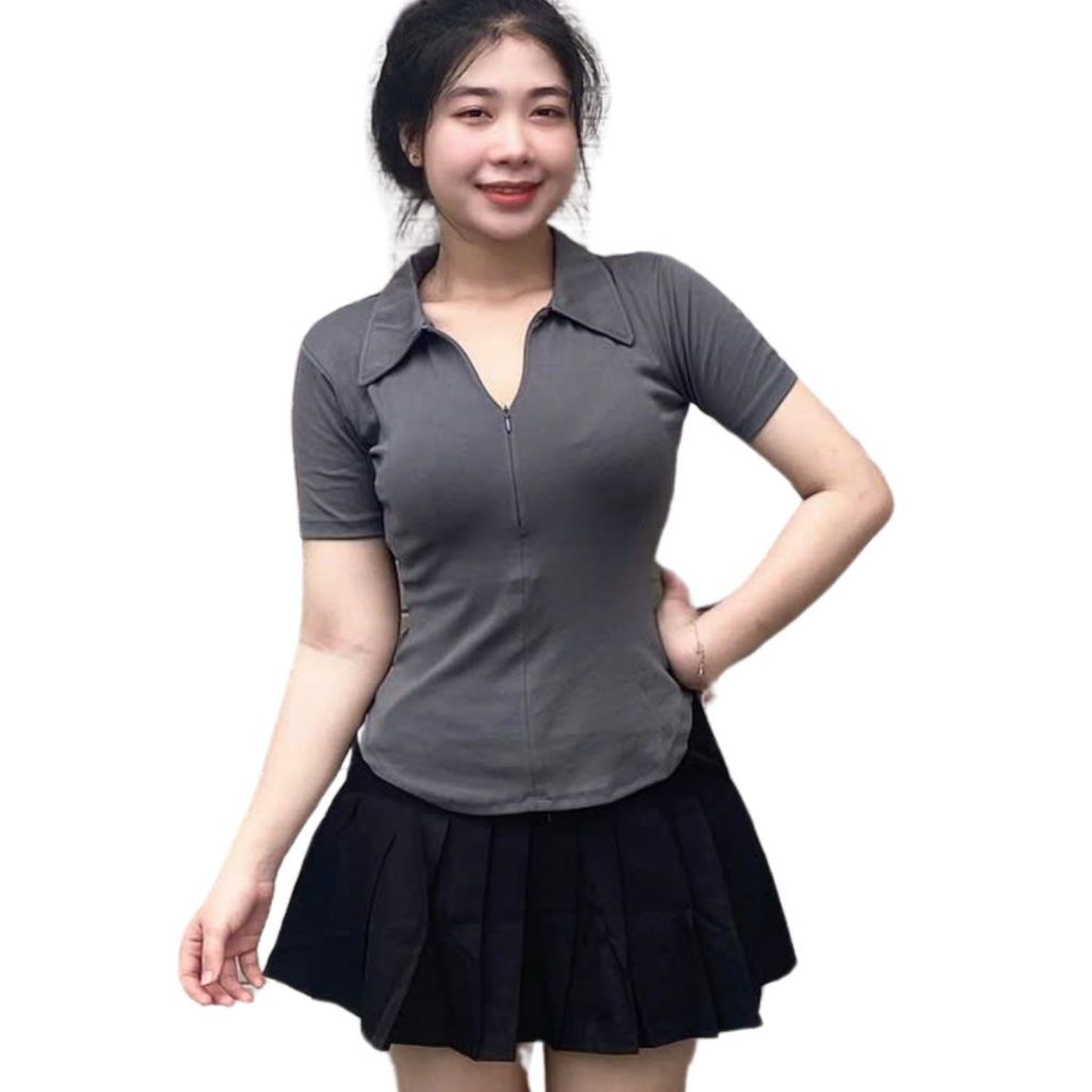 Áo thun nữ bigsize tay ngắn dây kéo có cổ polo ESHOP áo phong nữ bassic ôm body co giãn MS270