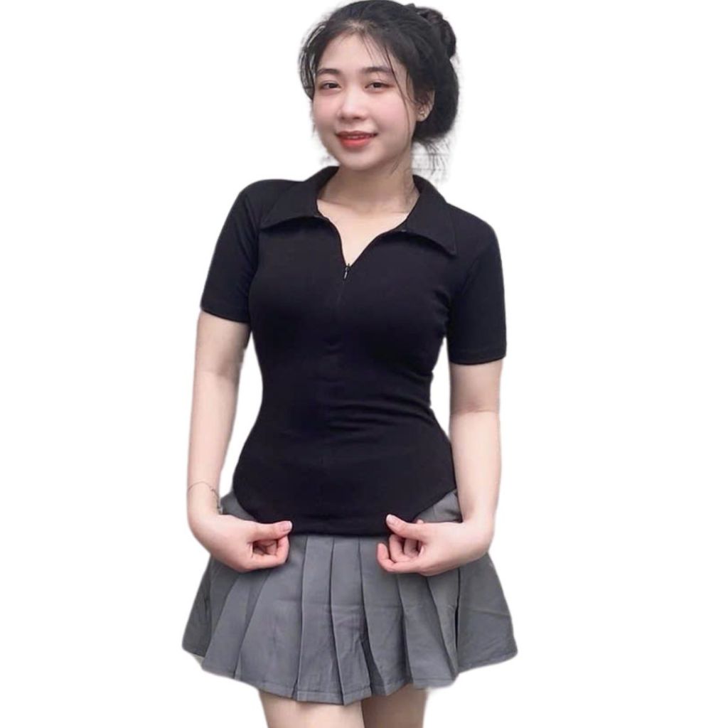 Áo thun nữ bigsize tay ngắn dây kéo có cổ polo ESHOP áo phong nữ bassic ôm body co giãn MS270