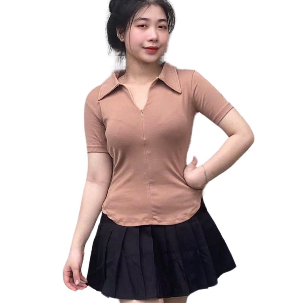 Áo thun nữ bigsize tay ngắn dây kéo có cổ polo ESHOP áo phong nữ bassic ôm body co giãn MS270