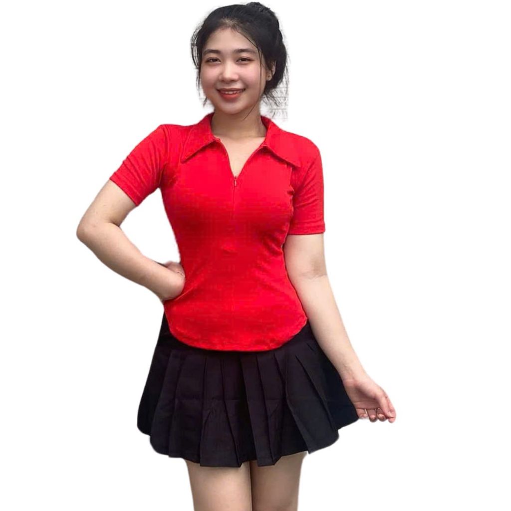 Áo thun nữ bigsize tay ngắn dây kéo có cổ polo ESHOP áo phong nữ bassic ôm body co giãn MS270