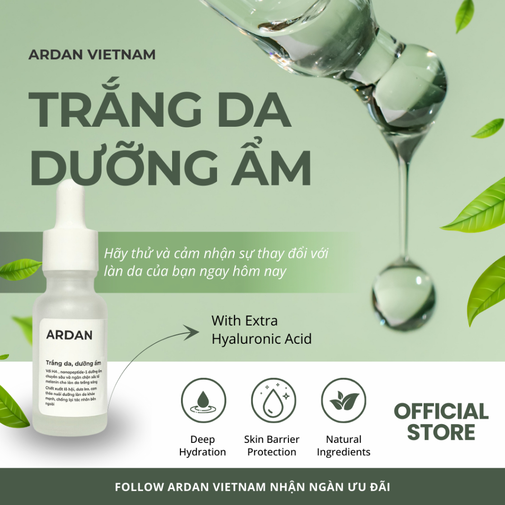 Serum Trắng Da Dưỡng Ẩm ARDAN 20ml - Da Mịn Màng, Trắng Sáng, Se Lổ Chân Lông, Ngừa Nám, Tàn Nhang