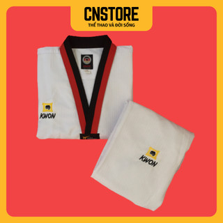 Quần Áo Võ – Võ Phục Taekwondo Cổ Đỏ Đen Vải Sọc Kwon Dày Dặn Bền Chắc