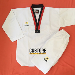 Quần Áo Võ – Võ Phục Taekwondo Cổ Đỏ Đen Vải Sọc Kwon Dày Dặn Bền Chắc