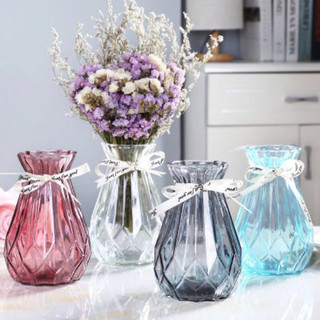 Lọ hoa thủy tinh đa giác De'cor 90, bình hoa thủy tinh cổ kèm dây nơ