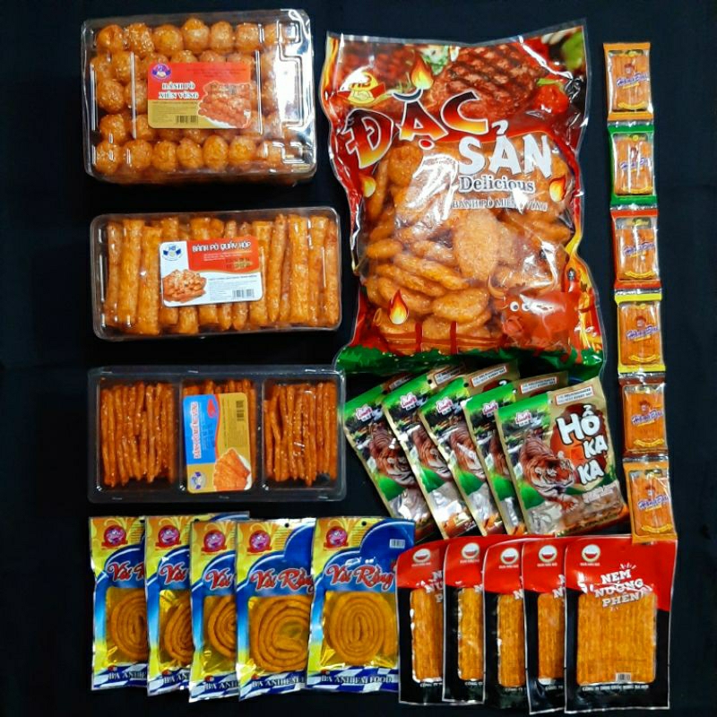 Combo đồ ăn vặt gồm 4 món bánh Pò kèm 5 snack hổ kaka, 5 snack nem ...