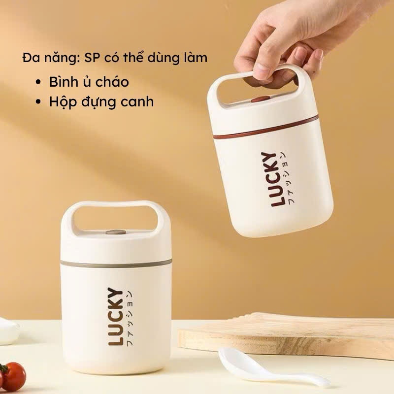 BÌNH Ủ CHÁO INOX LUCKY , Bình Ủ Cháo Giữ Nhiệt Lucky Vỏ Nhựa, Cạp Lồng Lõi Inox 304 Có Quai Xách Tiện Lợi - BINHUCHAO96