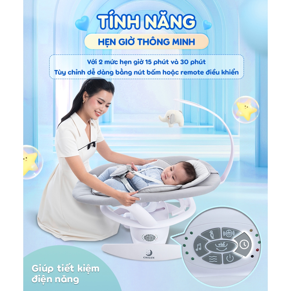 Nôi điện Chilux cho bé E9 có điều khiển từ xa, Bluetooth, điều chỉnh 5 chế độ | BigBuy360 - bigbuy360.vn