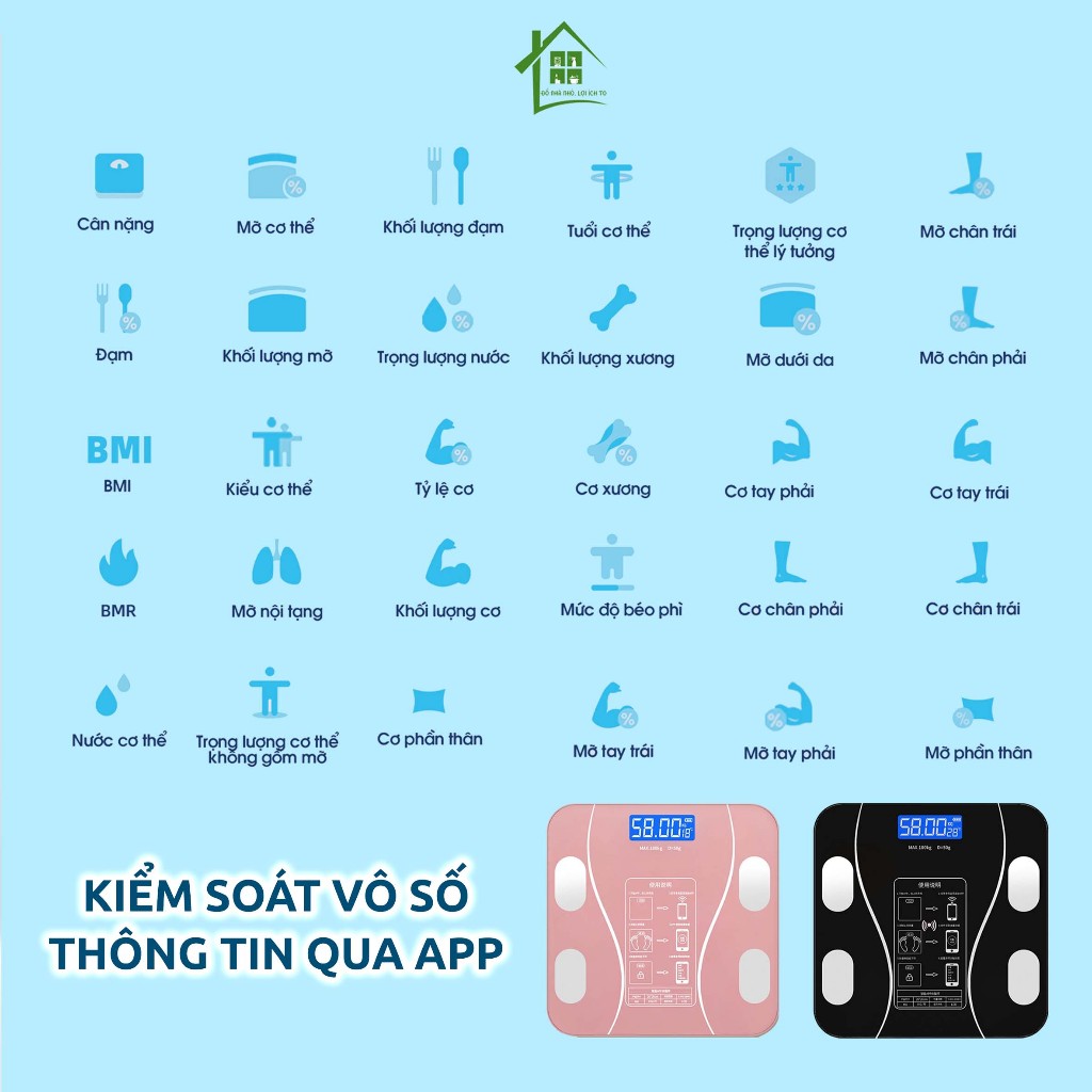 Cân điện tử sức khỏe mini JIAKE đo lường chính xác tới 180kg, cân inbody phân tích 12 dữ liệu.