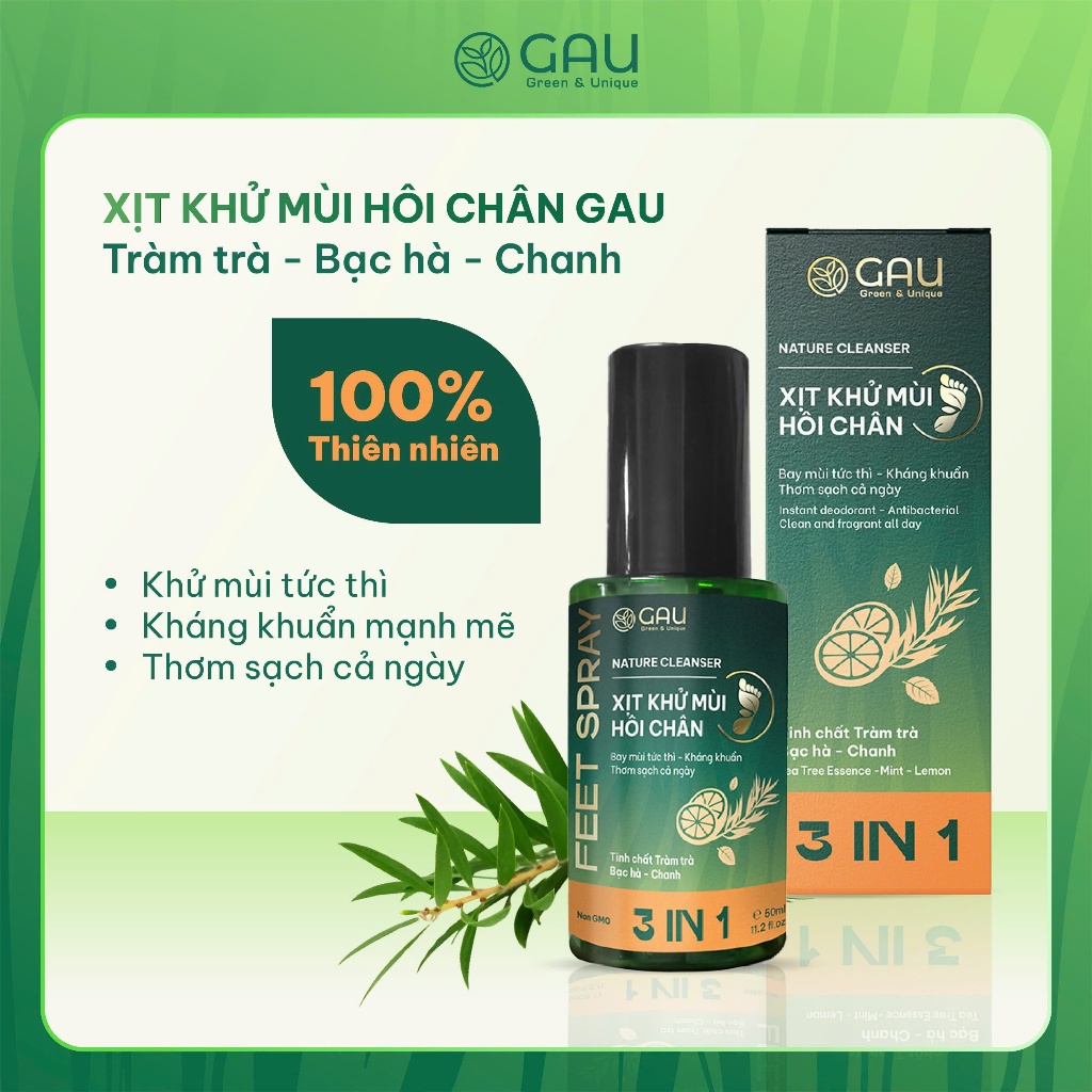 Xịt Hôi Chân GAU Lưu hương Thơm mát - Khử mùi Chân và Giày Cả ngày Tràm trà - Bạc hà - Chanh 100ml