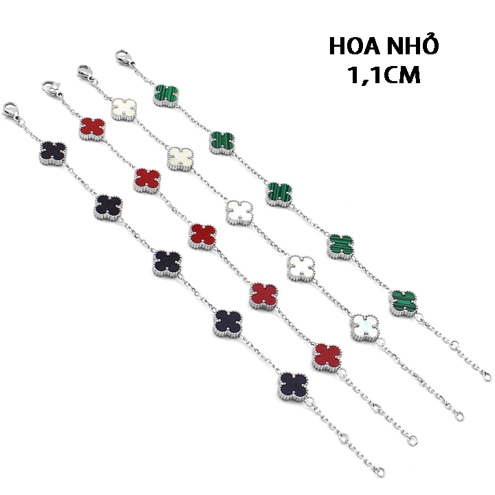 Lắc tay nữ titan xích phối 5 mặt hình cỏ 4 lá size nhỏ 1.1cm xinh xắn khảm xà cừ trắng đen đỏ xanh không gỉ