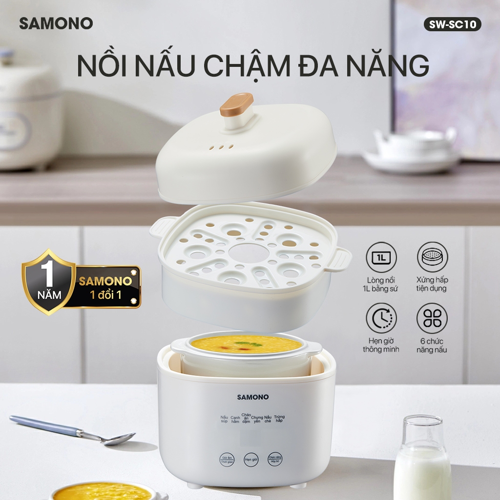 Ảnh Nồi nấu chậm đa năng 1L Samono SW-SC10, kèm lồng hấp,thố sứ,hẹn giờ, Nấu Cháo, Chưng Yến, hầm, giữ nhiệt 2