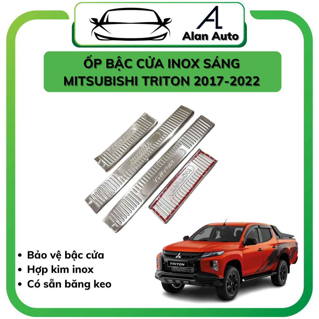 Ốp bậc cửa xe Mitsubishi Triton 2018-2023, nẹp cửa chống trầy INOX CAO CẤP - BỘ 8 MIẾNG TRONG NGOÀi