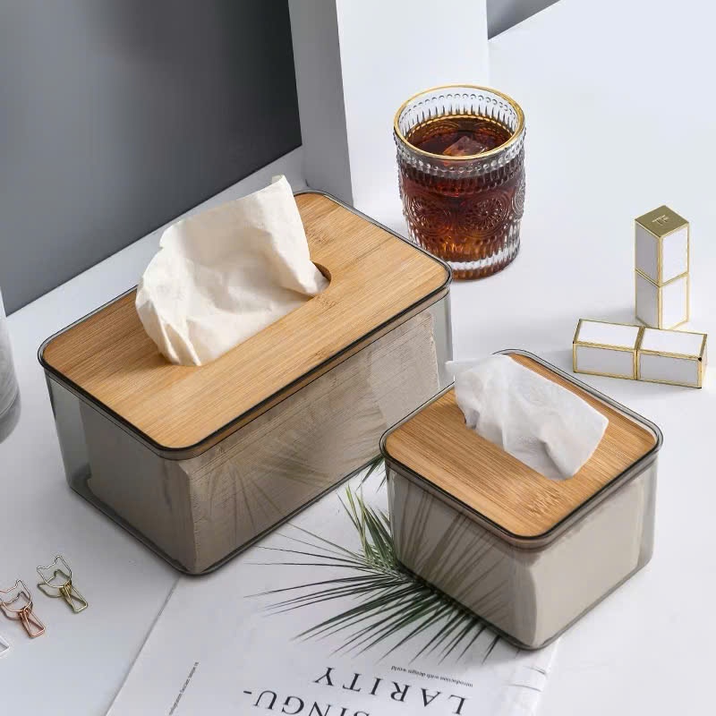 Hộp Đựng Giấy Ăn Trong Suốt Nắp Tre Gỗ Sang Trọng,  HỘP ĐỰNG KHĂN GIẤY ĐỂ BÀN - HOP665