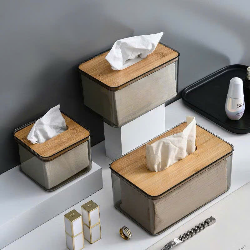 Hộp Đựng Giấy Ăn Trong Suốt Nắp Tre Gỗ Sang Trọng,  HỘP ĐỰNG KHĂN GIẤY ĐỂ BÀN - HOP665