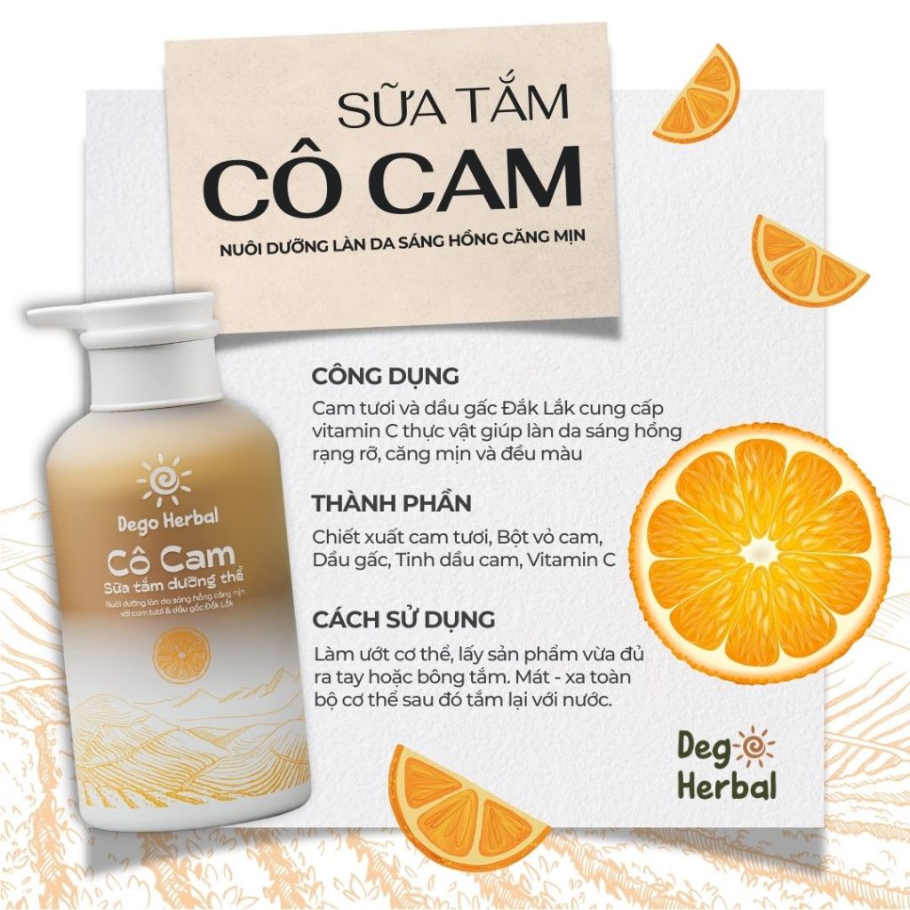 Ảnh Sữa tắm trắng da Cô Cam Dego - Dưỡng da, dưỡng ẩm, mềm mịn và sáng da, hương cam Đắk Lắk tự nhiên 4