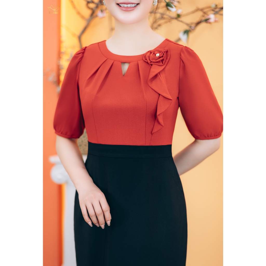 Ảnh Đầm body - Cổ tròn khoét V kết hoa tay ngắn - Màu Đen cam - TTV Store thời trang nữ TTV1760 2