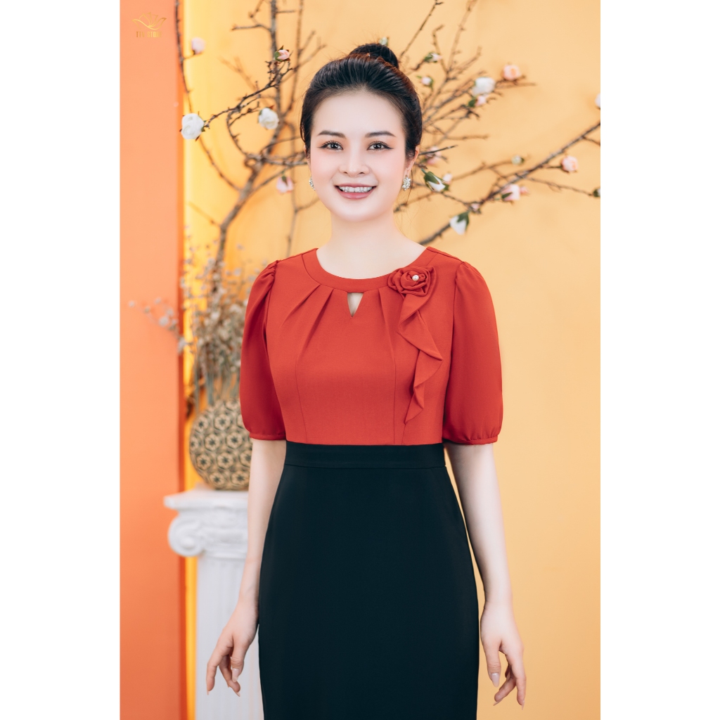 Ảnh Đầm body - Cổ tròn khoét V kết hoa tay ngắn - Màu Đen cam - TTV Store thời trang nữ TTV1760 3