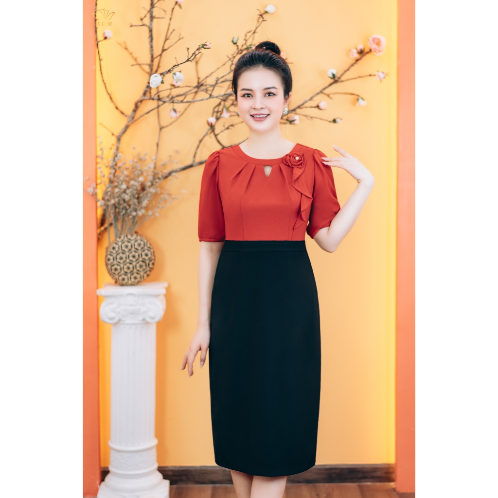 Ảnh Đầm body - Cổ tròn khoét V kết hoa tay ngắn - Màu Đen cam - TTV Store thời trang nữ TTV1760 1