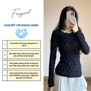 Áo len mỏng Forgirl áo len nữ ren tay dài hoạ tiết trám chiết eo ôm body chất xốp nhẹ T092