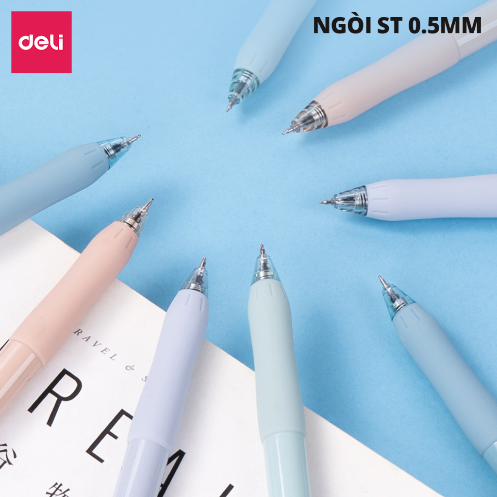 Bút Gel Deli Mực Xanh Ngòi 0.5mm Thiết Kế Pastel Dễ Thương Đầu Bấm Nét Viết Đều Không Tắc Mực Cho Học Sinh Sinh Viên