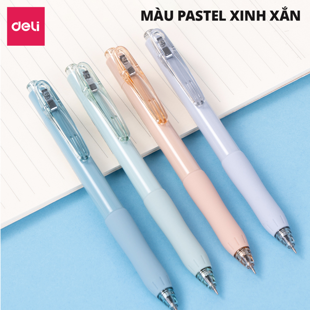 Bút Gel Deli Mực Xanh Ngòi 0.5mm Thiết Kế Pastel Dễ Thương Đầu Bấm Nét Viết Đều Không Tắc Mực Cho Học Sinh Sinh Viên
