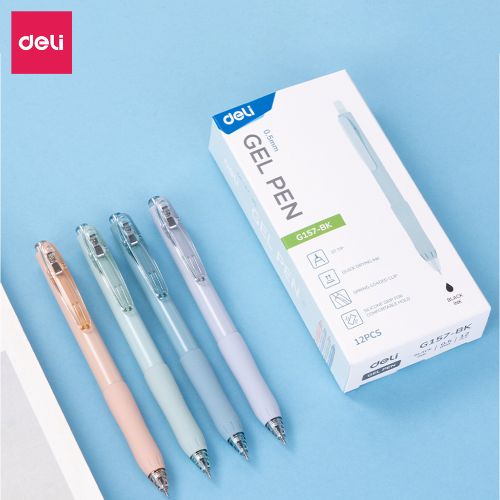 Bút Gel Deli Mực Xanh Ngòi 0.5mm Thiết Kế Pastel Dễ Thương Đầu Bấm Nét Viết Đều Không Tắc Mực Cho Học Sinh Sinh Viên