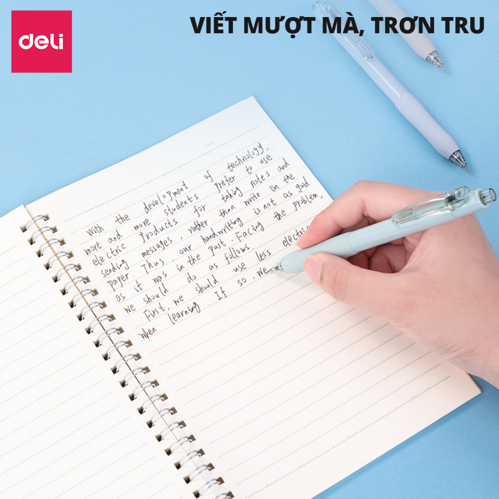 Bút Gel Deli Mực Xanh Ngòi 0.5mm Thiết Kế Pastel Dễ Thương Đầu Bấm Nét Viết Đều Không Tắc Mực Cho Học Sinh Sinh Viên